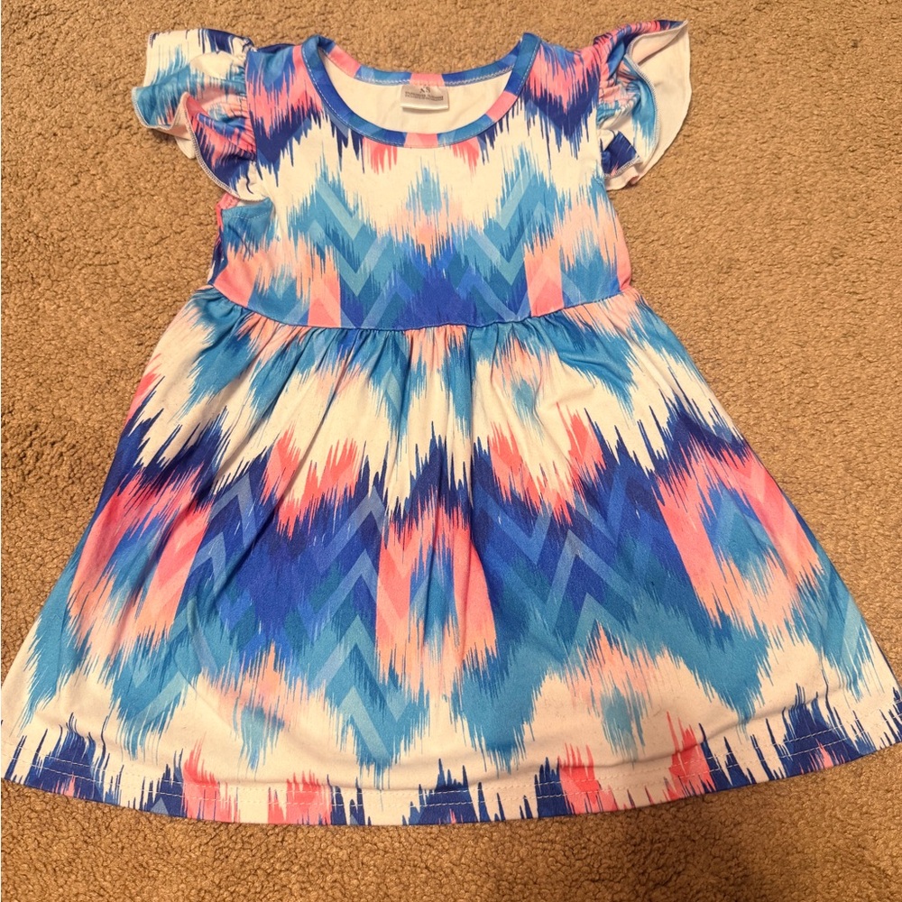 Girls' Blue & Pink Ikat Print Flutter-Sleeve Dress